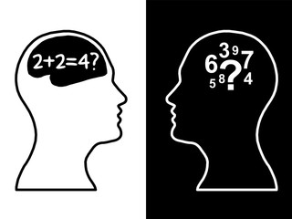 Heads of two people, brainstorming concept math question,