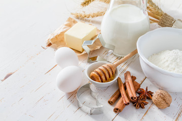 Ingredients for baking - milk, butter, eggs, flour, wheat