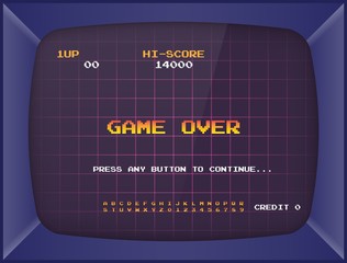 retro arcade game machine. screen background and font. vector illustration.
