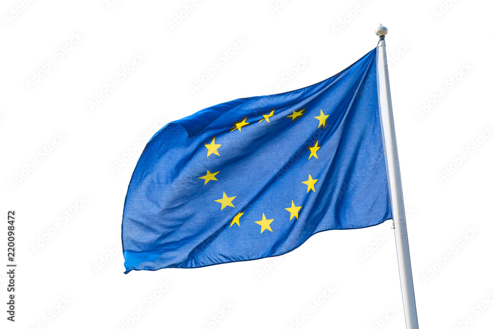 Waving European Union flag isolated on white background. - obrazy, fototapety, plakaty 