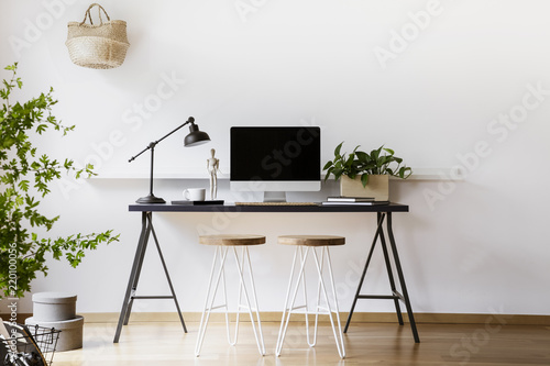 Two hairpin stools placed by black desk with metal lamp, fresh plant and mockup monitor in real photo of white living room interior with empty wall