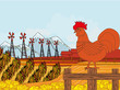 Farm scene with a rooster crowing