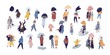 Collection of people walking under umbrella on autumn rainy day isolated on blue background. Crowd of tiny men and women under rain or rainfall. Colorful vector illustration in modern flat style.