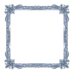 Wall Mural - Silver square frame with Baroque pattern, watercolor painting on white background, isolated.