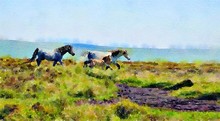 Watercolour Landscape Painting Of Wild Ponies On The Moors With A Foal.
