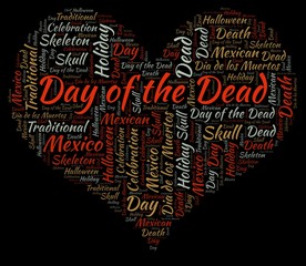 Day of the dead in the shape of heart on a black word cloud.