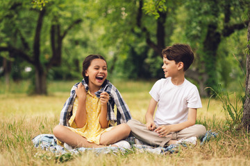 cheerful boy and girl at outdoor picnic on park. smiling delighted littl children sitting on ground 