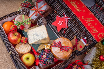 Christmas Food Hamper.  Wicker Hamper loaded with Christmas Treats and Fruits