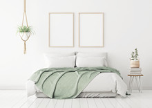 Poster Mockup With Two Vertical Frames On Empty White Wall In Bedroom Interior With Bed, Green Plaid And Plants. 3D Rendering.