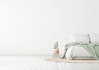 Home bedroom interior mockup with bed, green plaid, pillows, rug and plants on empty white wall background. Free space on left. 3D rendering.