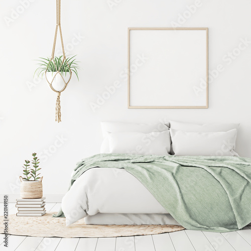 Download Poster Mockup With Wooden Square Frame On Empty White Wall In Bedroom Interior With Bed Green Plaid Rug And Plants 3d Rendering Wall Mural Marina Dikh PSD Mockup Templates