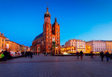 Fototapeta Miasto - Market square with st Mary cathedral church in Krakow at night, Poland, retro toned