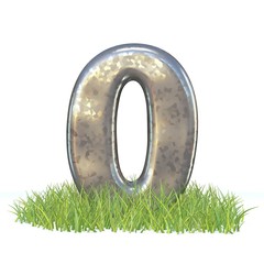 Wall Mural - Galvanized metal font Number ZERO 0 in grass 3D