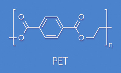 Sticker - Polyethylene terephthalate (PET, PETE) polyester plastic, chemical structure. Mainly used in synthetic fibers and plastic bottles. Skeletal formula.