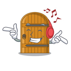 Wall Mural - Listening music large wooden door with cartoon handle