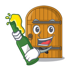 Wall Mural - With beer vintage wooden door on mascot cartoon