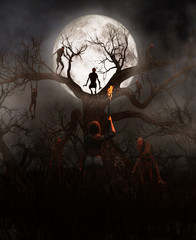 Wall Mural - Nightmare tree,Woman discover a mythical creature call bogeyman in creepy forest,3d illustration for book illustration or book cover