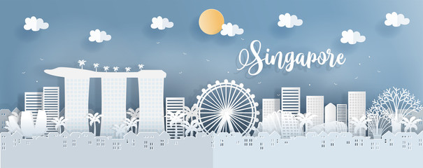 Panorama postcard of world famous landmarks of Singapore in paper cut style vector illustration