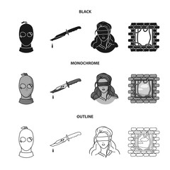 Wall Mural - A thief in a mask, a bloody knife, a hostage, an escape from prison.Crime set collection icons in black,monochrome,outline style vector symbol stock illustration web.