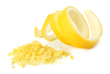 fresh lemon peel and lemon zest isolated on white background. healthy food