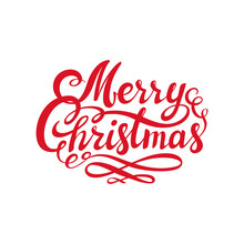 Red Merry Christmas Text. Calligraphic Lettering Design Card Template. Creative Typography For Holiday Greeting. Usable As Poster, Web Banner, Greeting Card, Gift Package Etc.