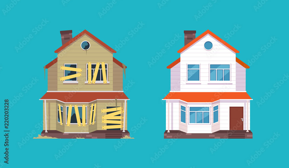 Home renovation. House before and after repair. New and old suburban cottage. Isolated vector illustration - obrazy, fototapety, plakaty 
