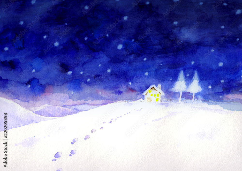 足跡がある冬の夜の風景 水彩画 の Stock イラスト | Adobe Stock