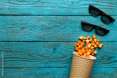 Paper Cup With Popcorn And 3d Glasses On Blue Background Top View