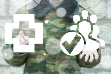 Soldier offers people with check mark and clicks a medical cross icon on a virtual interface. Healthcare humans protection. Life and health people safety military concept.