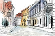 Old city street in hand drawn line sketch style. Urban romantic landscape. Vilnius.Lithuania.  Black and white illustration on colorful watercolor background.