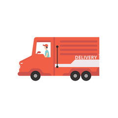 Sticker - Red cargo delivery van with courier, fast shipping concept vector Illustration on a white background