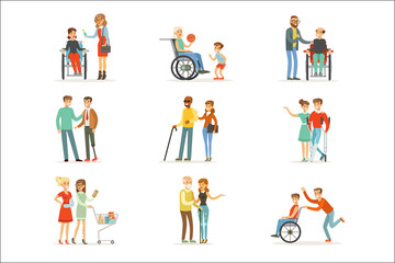 Sticker - Disabled people and friends helping them set for label design. Cartoon detailed colorful Illustrations