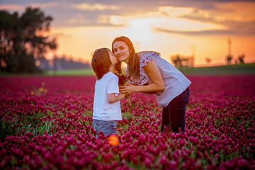 Canvas Print - Beautiful mother and son in crimson clover field, mom getting bouquet of wild flowers gathered from her child for Mothers day