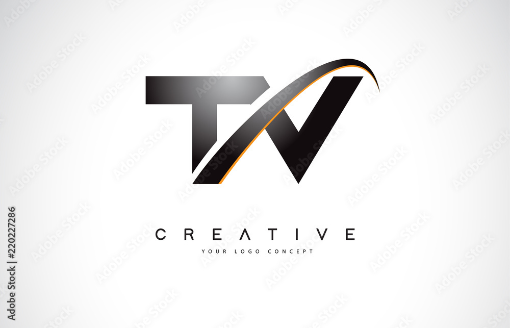 TV T V Swoosh Letter Logo Design with Modern Yellow Swoosh Curved Lines ...