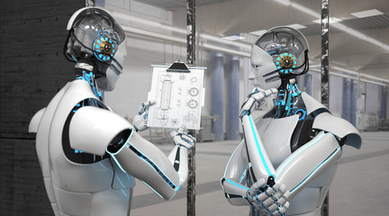 Two white robots with a technical drawing on the clipboard. 3d illustration.