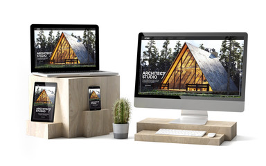 Wall Mural - wooden cubes devices isolated architect responsive website
