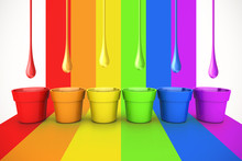 Colorful Sample Paint Pots. Painting Or Decorating Supplies On LGBT Flag Background