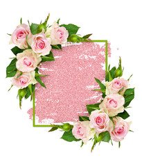 Wall Mural - Pink rose flowers and a green frame on glitter brushstroke