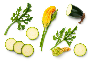 Wall Mural - Green Zucchini with Leaf and Flower Isolated on White Background