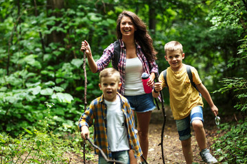 Wall Mural - mother and her little sons hiking trough forest .they learning about nature.