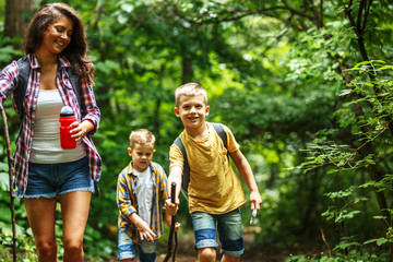 Wall Mural - mother and her little sons hiking trough forest. they're learning about nature.