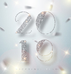 Wall Mural - happy new year 2019 greeting card with silver numbers and confetti frame on white background. vector