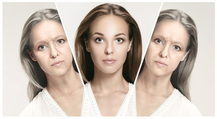 Fototapete - Comparison. Portrait of beautiful woman with problem and clean skin, aging and youth concept, beauty treatment and lifting. Before and after concept. Youth, old age. Process of aging and rejuvenation