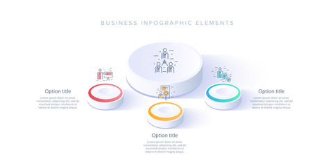 Business process chart infographics with 3 step segments. Isometric 3d corporate timeline infograph elements. Company presentation slide template. Modern vector info graphic layout design.