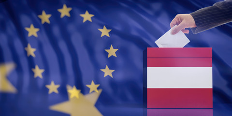 Canvas Print - Hand inserting an envelope in a Austrian flag ballot box on European Union flag background. 3d illustration