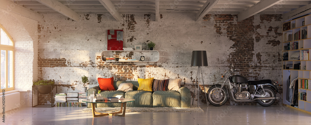 modern vintage brick loft apartment with flares - obrazy, fototapety, plakaty 
