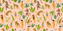 Vector Seamless Pattern With Dancing Ladyes In Swimsuits And Leopards.