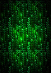 Green matrix symbols, digital binary code on dark, vertical technology background a4 size