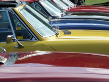 Close Up Of The Bonnets And Windscreens Of A Row Of Vintage Sports Cars At Hebden Bridge Vintage Weekend Public Vehicle Show