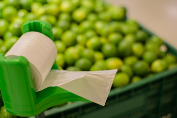 Roll of plastic bags in a grocery store in a supermarket.